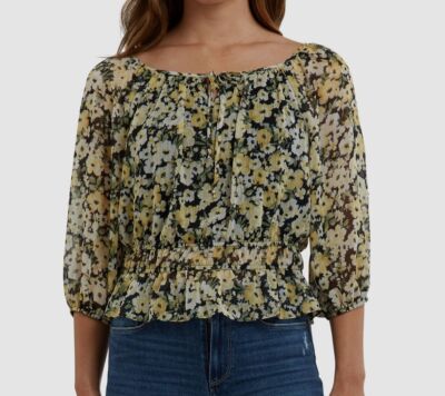 $44 Bcx Women's Juniors' Yellow Floral Printed Peplum Scoop Neckline Top Size S