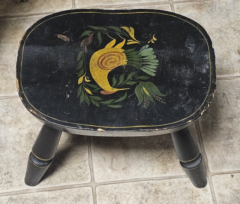 Pennsylvania Dutch Foot stool Black Painted DistelFink bird  Farmhouse Cottage