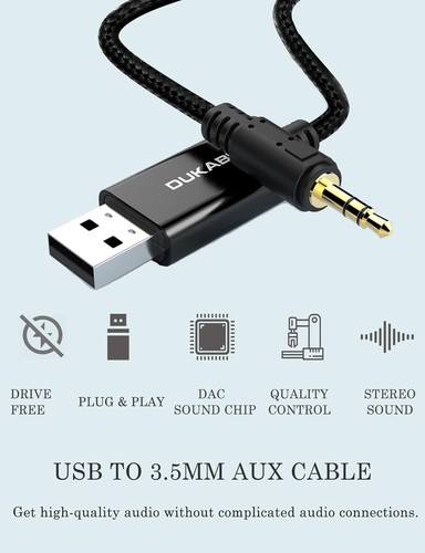 DUKABEL USB to 3.5mm Aux Cable, Jack Cord 1.2Meter/4FT, Black - Afbeelding 4 van 9