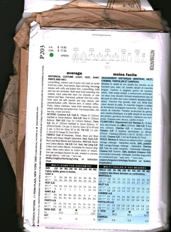 P203 Vintage Butterick SEWING Pattern Mens Costume Coat Vest Shirt Pants Hat 48 - Image 2 of 2