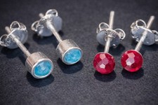 Blue Topaz x Ruby 925 Recycled Sterling Silver 3 mm Stud Earrings made  in UK 