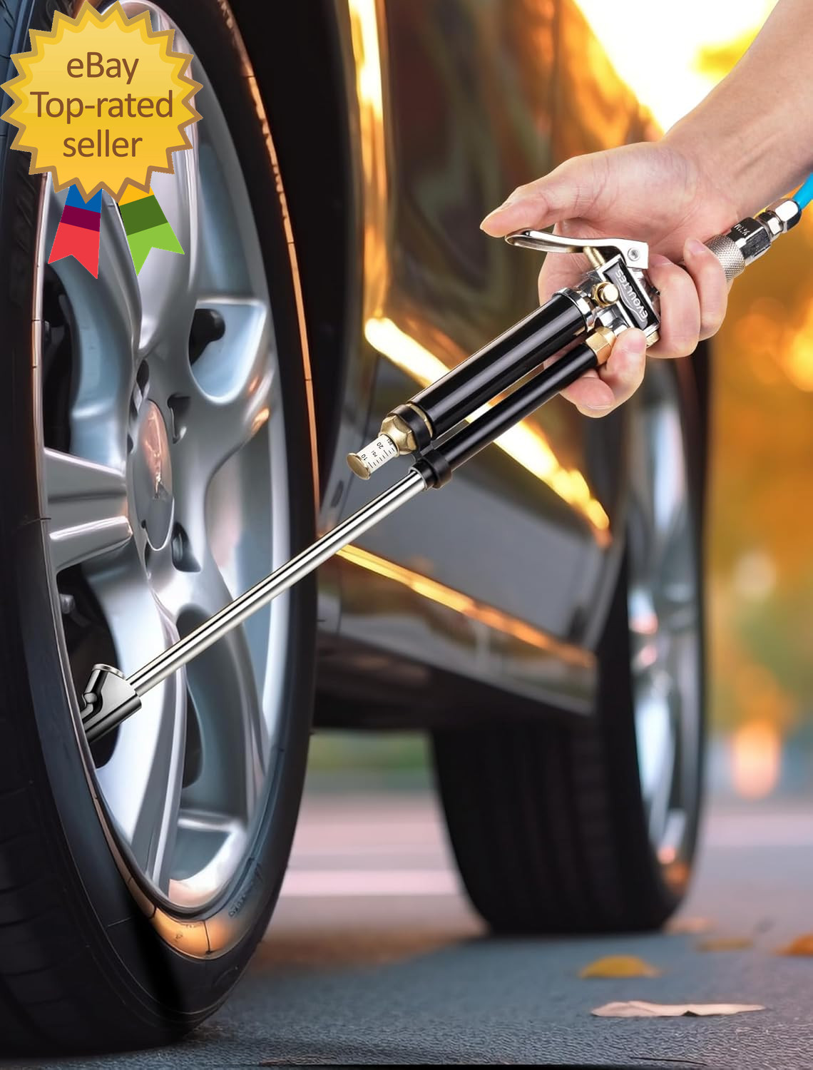 Heavy Duty Tire Inflator with Pressure Gauge 16.5 Inch Extended Dual Head Air