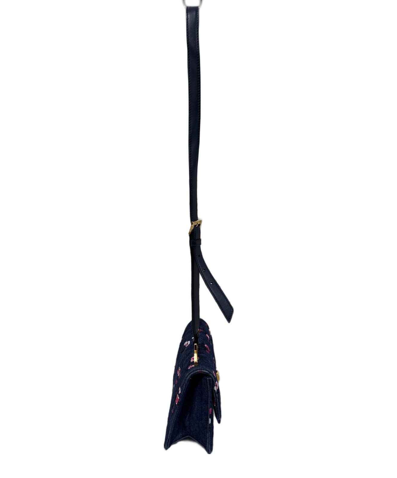 Miu Miu Floral Denim Shoulder Bag Indigo Leather Strap Gold Auth image 4
