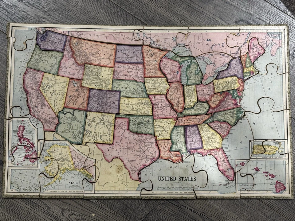 Rompecabezas de madera Parker Brothers 1915 mapa completo de Estados Unidos Foto 2 de 4
