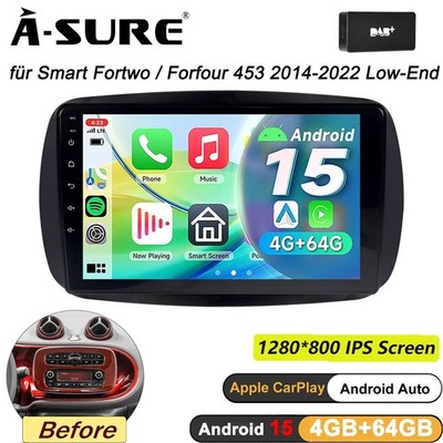 DAB+ Für Smart Fortwo 453 LowEnd 4+64G Android 15 Autoradio Carplay RDS GPS Navi