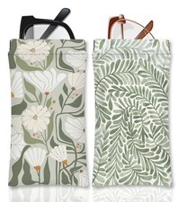 Eyeglasses Sunglasses Case PU Soft Squeeze Top Glasses Pouch for 2 Green-leaf
