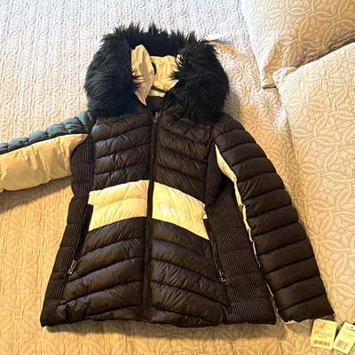 Steve Madden OLA1137H Colorblock Hooded Faux Fur Trim Puffer Jacket Womens M