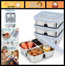 4-Pack Stainless Steel Snack Containers with Lids - Divided Bento Box Set, Leak-