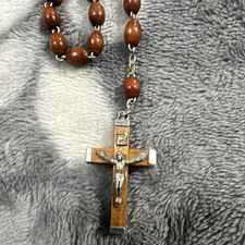 Wood Bead Christian Rosary Necklace w/ Metal Crucifix Cross  Jesus Centerpiece