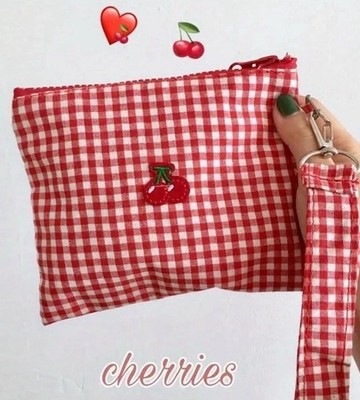 Chic Red Cherry Gingham Keychain Handle Travel Bag Make Up Pouch Zip 6x5  NWT