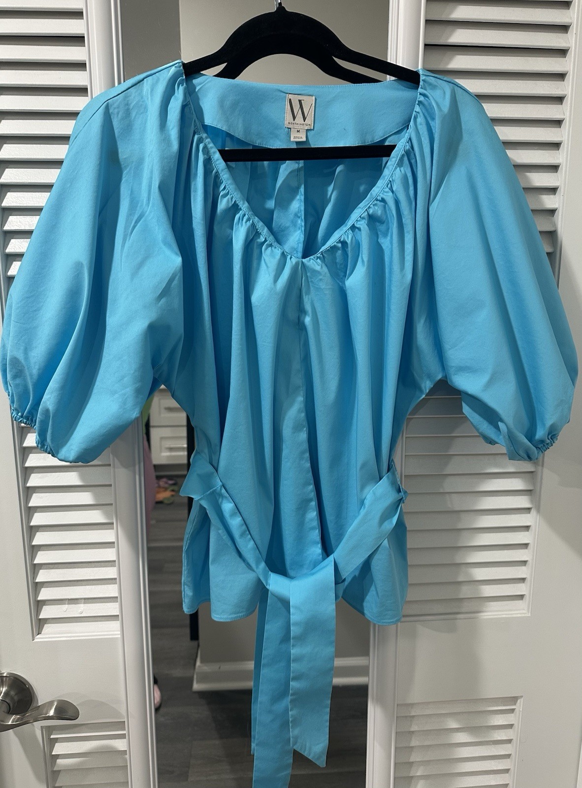 WORTHINGTON Women’s Blue Solid V-Neck Puff 3/4 Sleeve 81% Cotton Size M