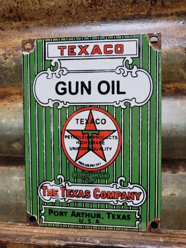 VINTAGE TEXACO PORCELAIN SIGN OLD 1934 GUN OIL FIREARM RIFLE LUBE TEXAS COMPANY