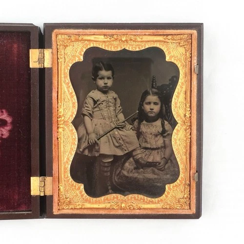 Antique 1/6 Plate Tintype 2 Young Girls Civil War Era Thermoplastic Union Case