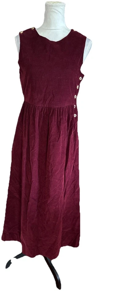 Vestido Jersey De Colección Lands' End Rojo Pana Delantal Botón Lateral Midi Talla S/M Foto 2 de 4