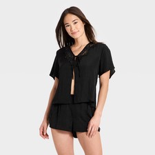 Auden Women's Lace Trim Satin Fly Away Cami  Shorts Pajama Set - Black