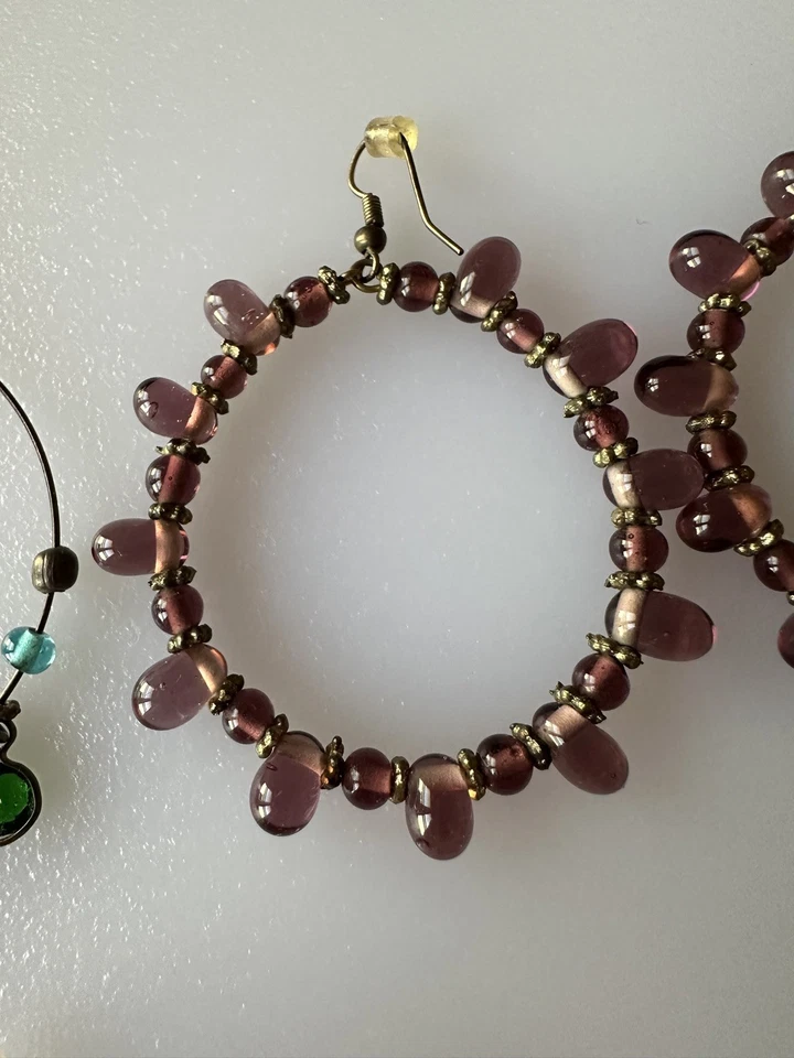 Lote de 3 Pendientes Gancho Boho Declaración Araña Verde Púrpura Cuentas Rosa Concha Foto 4 de 4