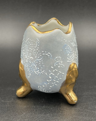 VTG Footed Cracked Egg Mini Vase Toothpick Holder Gold Trim Raised Slip Floral