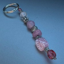 Pink Beaded Keychain with Heart Charm and Silver Tone Accents Boho Style