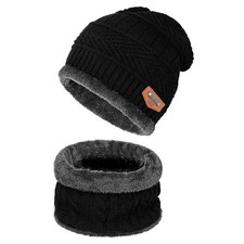 Warm Winter Beanie Hat  Scarf Set Stylish Knit Skull Cap One Size, 01 Black