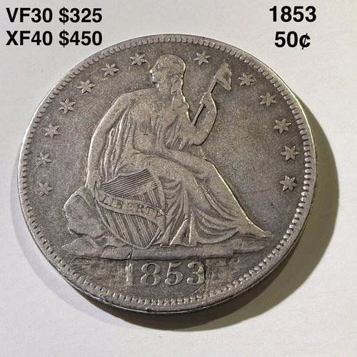 1853 Seated Liberty 50c Half Dollar Arrows & Rays Details*