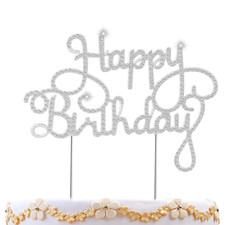 Happy Birthday Cake Topper Silver Crystal Rhinestone Birthday Cake Decoration fo