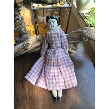 13  vintage German China head Shoulder Doll in purple gingham dress black hair
