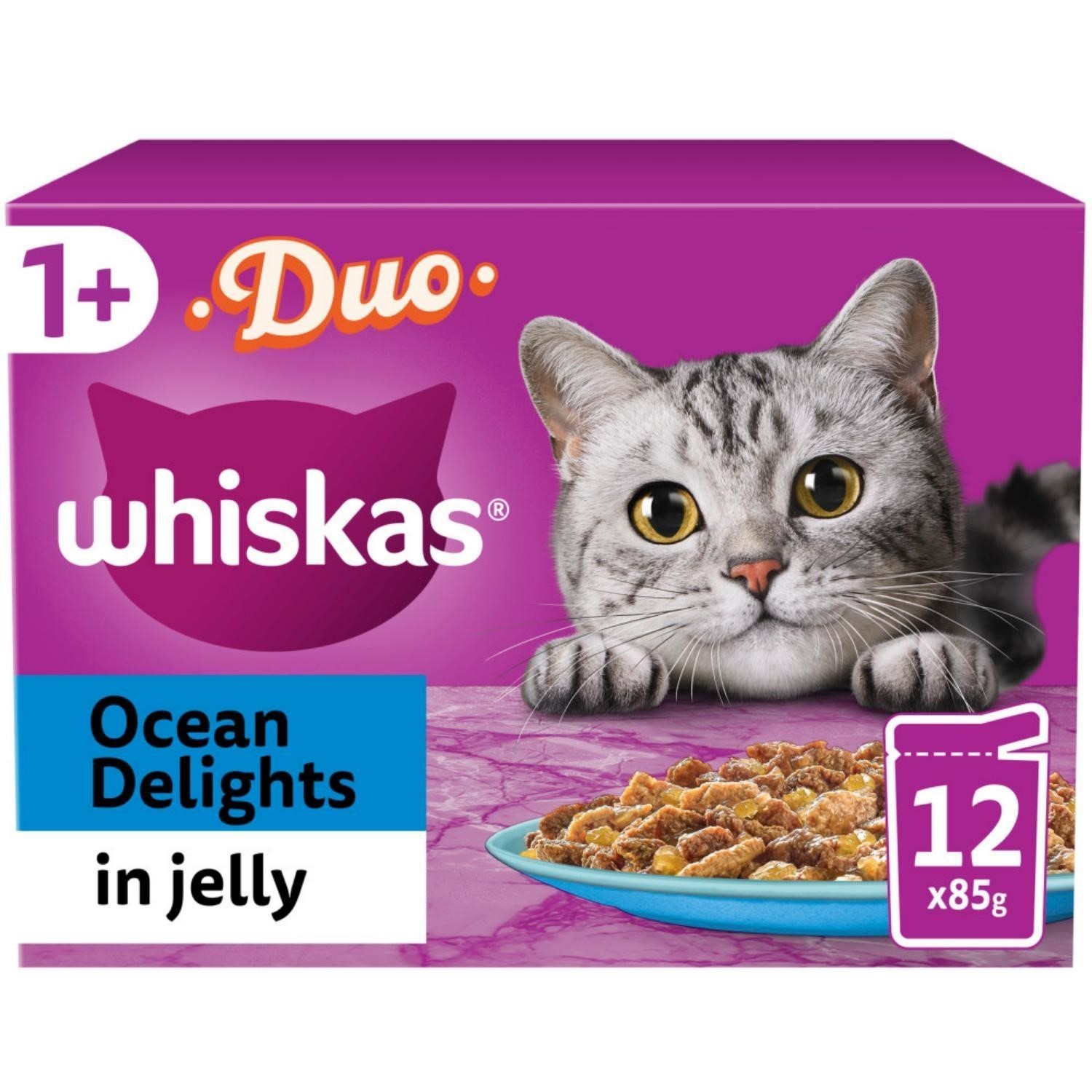 96 x 85g Whiskas 1+ Duo Ocean Delights Mixed Adult Wet Cat Food Pouches in Jelly