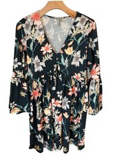 Asos Midi Dress Womens Size 4 Blue Floral V Neck Above Knee Long Bell Sleeve