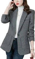 Women's Winter Thicken Office Plaid Wool Blend 1 Button Tailored Suit Blazer