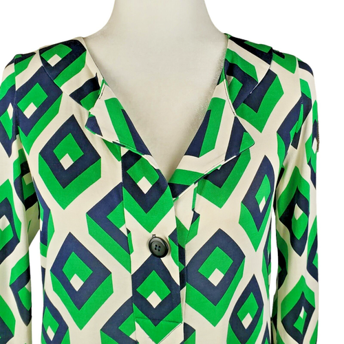 Vestido Diane Von Furstenberg Vintage Verde Blanco Manga Larga Seda Talla 4 - Imagen 4 de 12