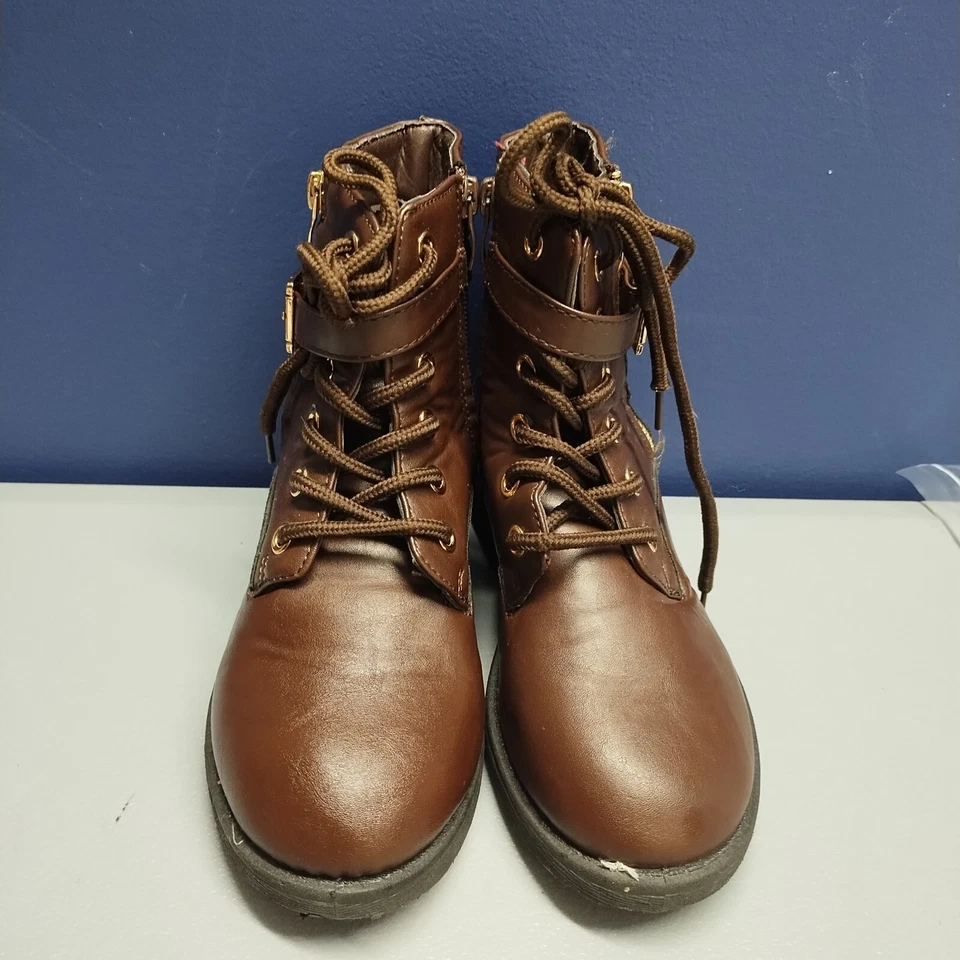 Botas al Tobillo Lucky Top Combat Jóvenes Niñas Talla 1 Cuero Marrón Punta Redonda Con Cordones Foto 3 de 4