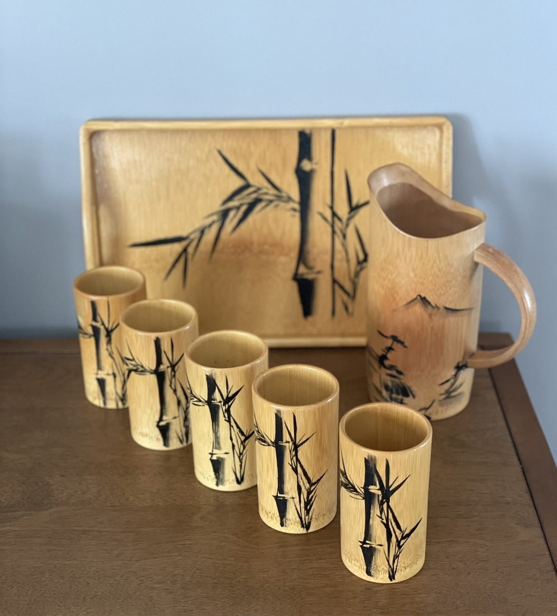 Vintage Retro MCM Bamboo Bar Set. Pitcher, Tray And 5 Cups Hand Painted. Japan