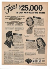 1943 Vtg WW2 Era Print Ad MODESS Sanitary Napkins War Bonds Prize Contest