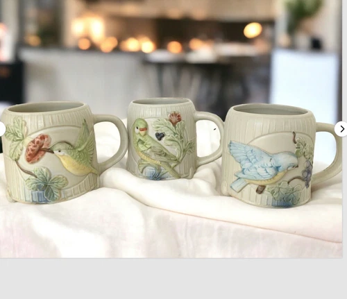 Vintage Takahashi San Francisco Birds 3D Mug Stoneware Coffee Cup Hand Painted