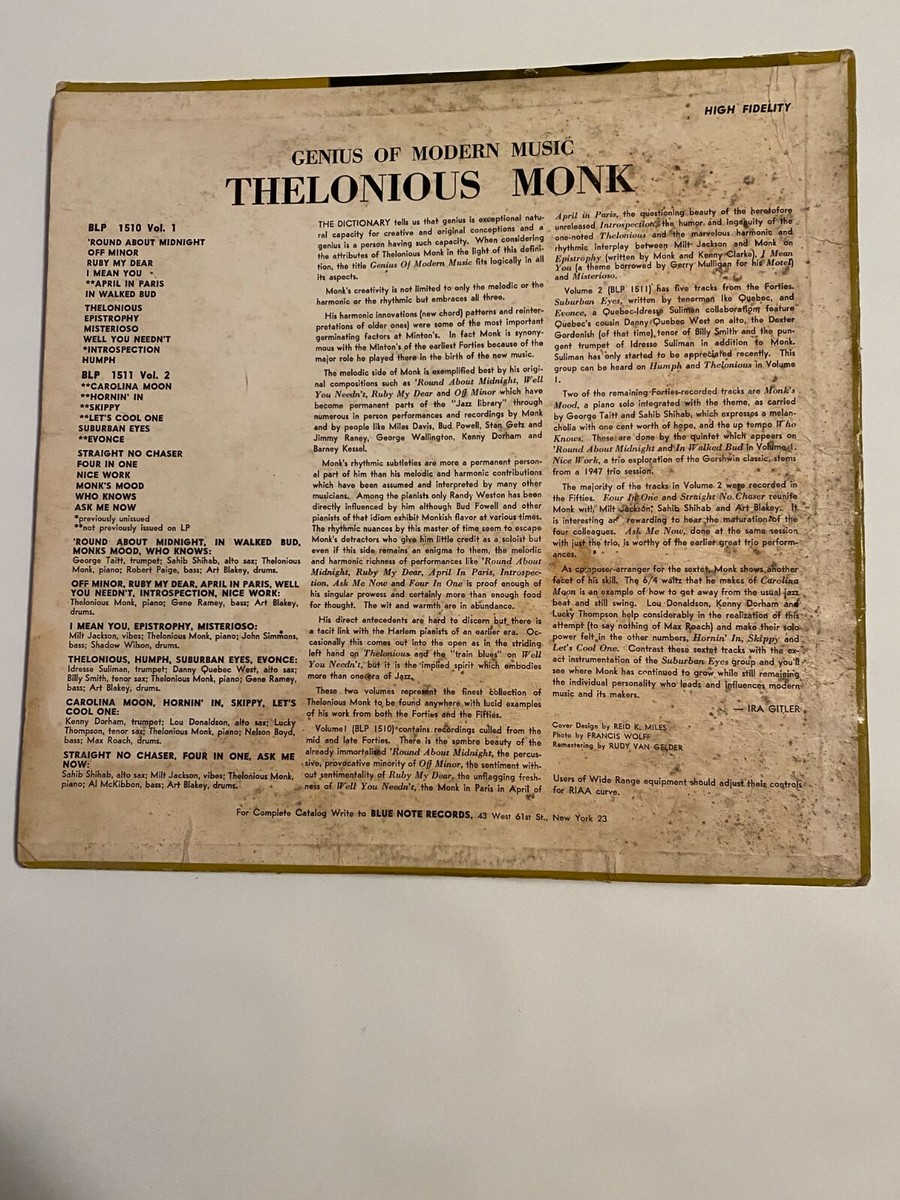 THELONIOUS MONK - The Genius Vol. 1 ~ BLUE NOTE 1510 {dg NY USA