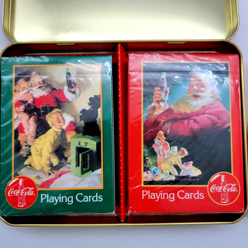 Coca Cola Nostalgic Playing Cards Tin w/Two Decks 1996 Christmas & bonus deck - Picture 2 of 7