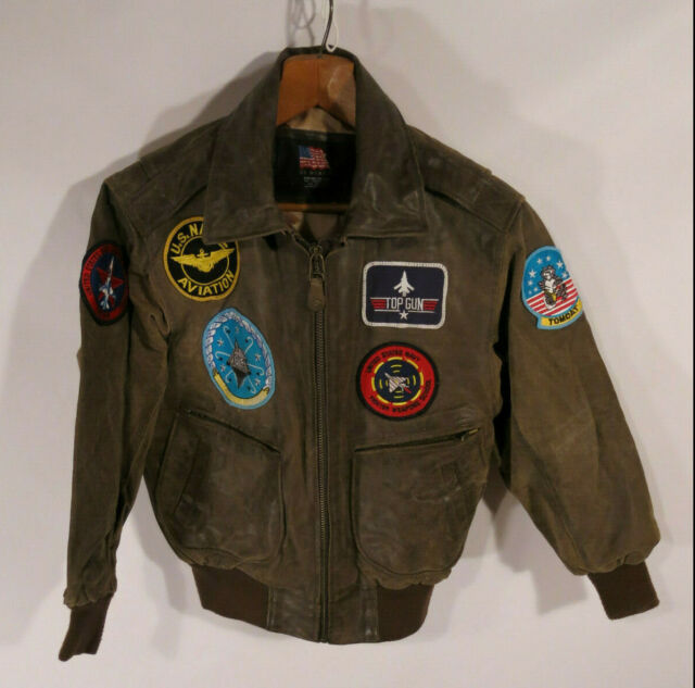 US Wings Womens M Brown Leather Bomber Flight Jacket Patches Navy ...