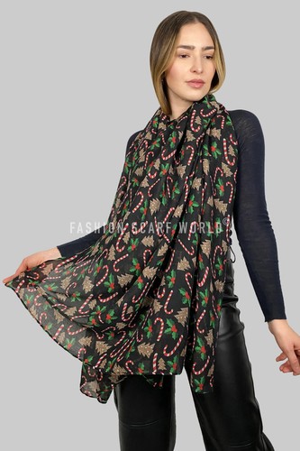 Damas Pan de jengibre y Caña de caramelo Estampado de Navidad Mujeres Bufanda Estolada SC-5135-A - Imagen 2 de 3