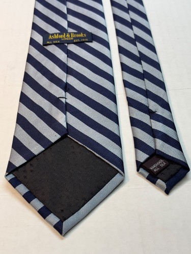 Ashlord & Brooks London Silk England 57.5" Repp Tie Blue Gray Silver Stripes - Picture 4 of 11