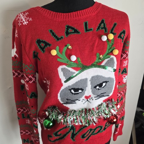 Ugly Christmas Sweater Women Small Grumpy Cat 3D Sequined Quirky Novelty Funny - Picture 3 of 11