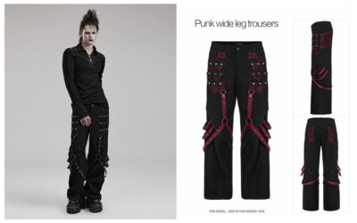 Punk Rave Men's Black Gothic Punk Metal Studded Wide Leg Trousers Loose Pants