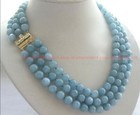 3 Rows 8MM Natural Blue Aquamarine Round Gemstone Beads Necklace 17-19'' AAA
