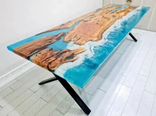 Custom Ocean Waves Wood Unique Epoxy Resin Dining Table, Epoxy Counter Top