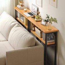 Wood Long Rectangle Side Table Shelf Rack Storage Narrow Bedside End Table Metal