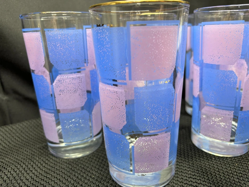 Juego de 7 ~ Vasos de Vidrio Libbey "CUADRADOS AZULES / MORADOS" ~ 5 3/4" de Alto Foto 2 de 4