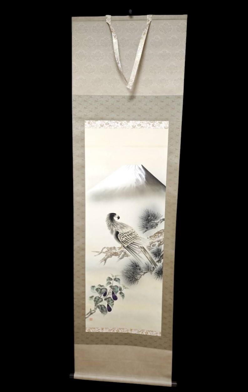 Japanische Aufhängbare Scroll Kakejiku Meter Fuji Adler Aubergine IN Kiste Lang: