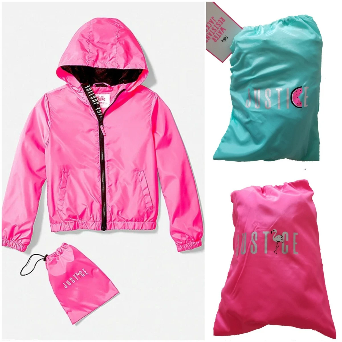 JUSTICE Girls Packable Hooded Windbreaker Rain Jacket SELECT SIZE u0026 COLOR  NEW | eBay