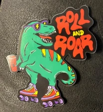 Dutch Bros Sticker August 2024 Roll and Roar Green Dinosaur on Red Roller Skates