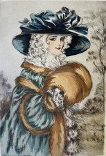 Gravure aquarellée, art déco de Schneider "Jeune femme au manchon de fourrure »