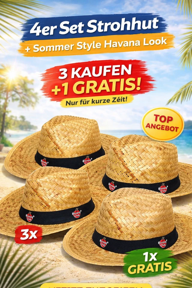4er Set Strohhut (3 kaufen + 1 GRATIS) – Sommer Style Havana Look - Bild 1 von 2